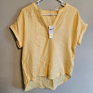 C&C California Yellow Short Sleeve Woven Henley Top NWT Medium - Picture 1 of 7
