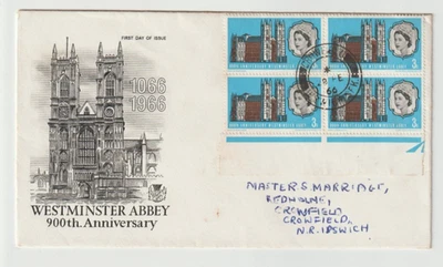 28/2/1966 UK GB FDC - Westminster Abbey - 4 X 3d - Crowfield CDS Postmark - Image 1 of 2