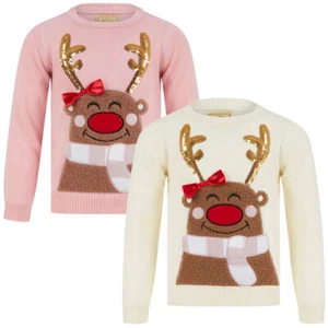 Kid's Girl's Christmas Jumper Sequin Reindeer Knitted Xmas Pullover Sweater Top - Picture 1 of 7