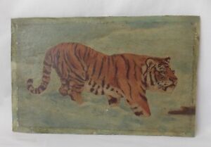 ANTIQUE OIL PAINTING ON BOARD. SIBERIAN TIGER IN THE SNOW. ERNEST HEY. AUG 1921