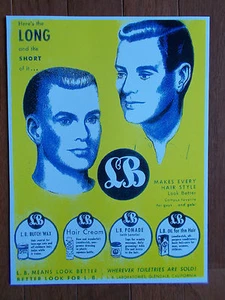 Rare 1940's L B POMADE BUTCH Wax Haircut Drawings Barbershop Color Ad Sign - Picture 1 of 7