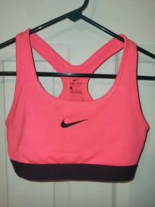Nike Girls Dry Classic Medium Support Sports Bra Neon Pink Black Swoosh Logo L - Picture 1 of 13