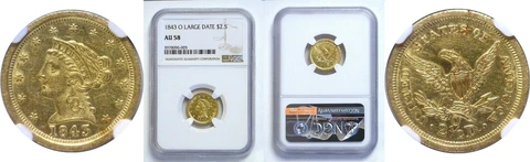 1843-O $2.50 Gold Coin NGC AU-58 Large Date Cover