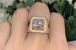3.00Ct Round Cut Real Moissanite Men's Solitaire Ring 14K Yellow Gold Plated - Picture 1 of 11