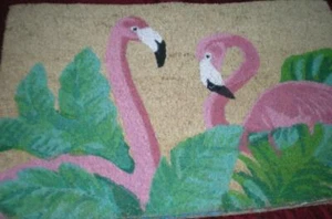2 TROPICAL PINK FLAMINGOS FROLICKING IN PALM FAWNS COIR DOOR MAT RUG 18" x 30" - Picture 1 of 3