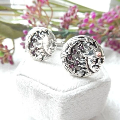 Sterling Silver Ruby Sun Moon Astrology Cufflinks Mens Jewelry - Image 1 of 4
