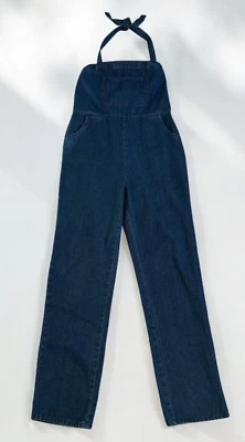 Mono con tirantes de jean azul ASOS DENIM EE. UU. 10 UK 14 cuello halter corbata trasera cremallera lavado oscuro Foto 1 de 4