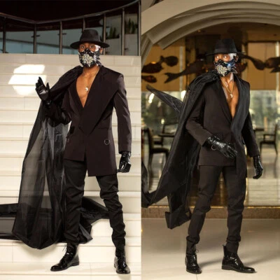 Ternos pretos masculinos 2 peças jaqueta peito único com capa tapete vermelho desgaste formal - Imagem 1 de 4