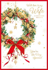 Wife Christmas Card - Holly and Bauble Wreath with Gold Foil 7x5.25" - Picture 1 of 1