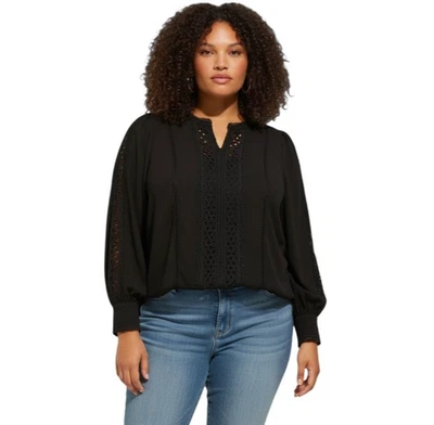 Torrid Button Shirt Black Crochet Lace Blouse Long Sleeve Cutout Womens 2X EUC - Image 1 of 4
