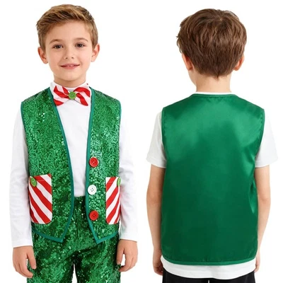 Boys Girls Christmas Mr Santa Vest Sequins Waistcoat with Bowtie Costume Jacket  - Image 1 of 4