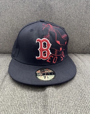 Boston Red Sox Hat Cap Fitted Mens 7 1/4 Navy MLB Baseball New Era 59Fifty - Image 1 of 4