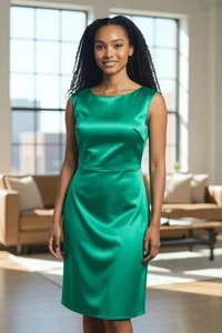 Lauren Ralph Lauren Dress Womens 14 Green Ruched Sheath Sleeveless Knee Length - Picture 1 of 11