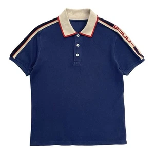 Gucci Men’s Stripe Collar Polo Shirt Blue Webbing Trimmed Ribbon Logo Small S - Picture 1 of 7