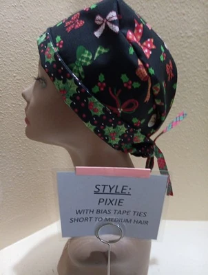 Christmas Bows Pixie Skull Women's Surgical Scrub Hat/Cap Handmade - Image 1 of 4