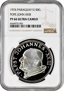 Paraguay 150 guaranies 1974, NGC PF66 UC, "Pope John XXIII" Pop 1/3 - Picture 1 of 2