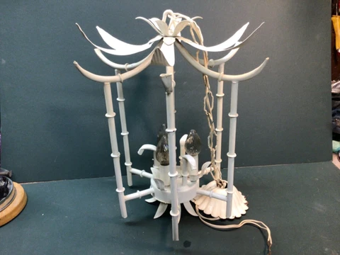 VERY COOL VTG HANGING WHITE METAL  FAUX BAMBOO PAGODA CEILING CHANDELIER LAMP Cover