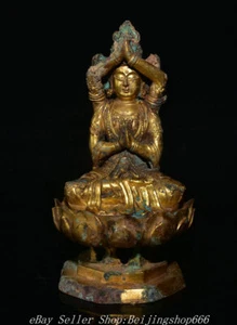 8" Antique Chinese Tang Dynasty Bronze 24K Gold Gilt 4 Arms Guan yin Statue - Picture 1 of 11