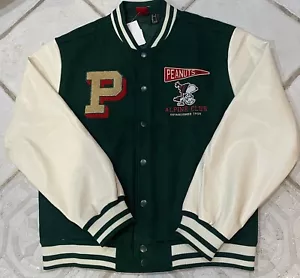 SNOOPY PEANUTS BOMBER JACKET ADULT SZ L UNISEX GREEN/BEIGE - Picture 1 of 3
