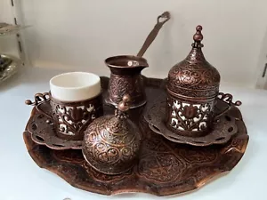 Turkish Greek Arabic Coffee Set, Turkish Coffee Cups , Copper Coffee Pot, Tray - Picture 1 of 16