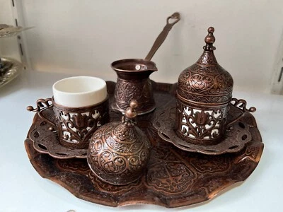 Juego de café turco griego árabe, tazas de café turcas, cafetera de cobre, bandeja Foto 1 de 4