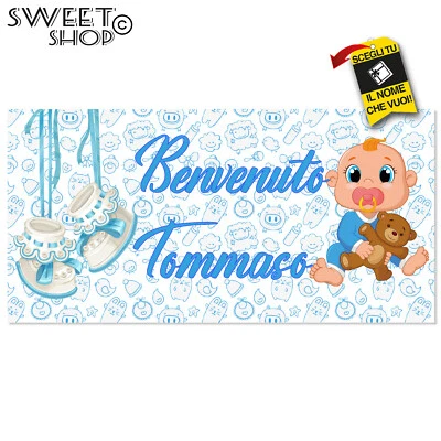 Striscione Banner NASCITA PERSONALIZZATO BENVENUTO NOME BIMB0 ANCHE DA ESTERNO - Image 1 of 2