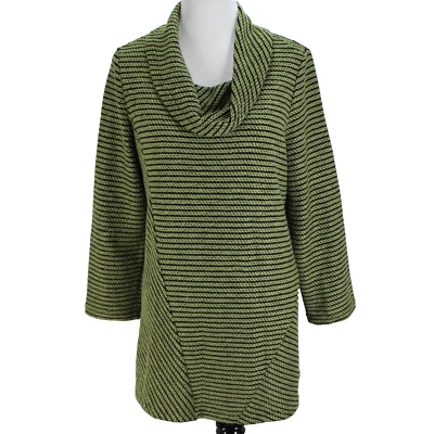Habitat Cowl Neck Tunic Sweater Top Womens Size M Green Black Stripe Long Sleeve - Image 1 of 4