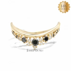 14K Gold 0.27Ct Natural White And Black Diamond Cluster Crown Ring-Jewelzofny - Picture 1 of 7