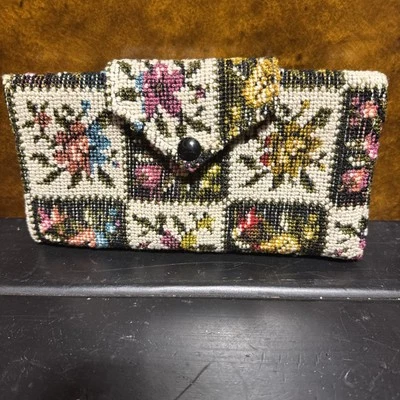 Boho Wallet - Vintage 70's Colorful Needlepoint Wallet Large Tri-Clutch 4" x 8”! - Image 1 of 4