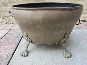 Solid Brass Coal Bucket Planter Lion Paw Feet and Lion Head Ring Handles - Picture 1 of 15