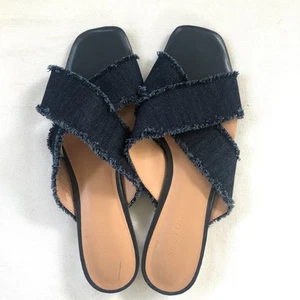 Halston Heritage Estella Blue Denim Sandals Slide Shoes Size 10 Frayed Edges - Picture 1 of 5
