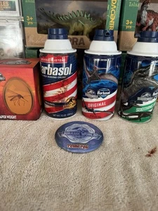Jurassic World Barbosol Cans, Comic Con Used Pin With Ware Mosquito Paper Weight - Picture 1 of 7