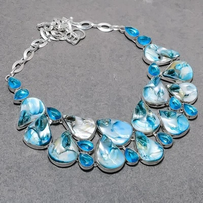 Handgefertigte ethnische Schmuckhalskette Perlmutt Blautopas Edelstein 18 Zol... - Bild 1 von 4