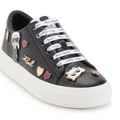 Karl Lagerfeld Cuero Negro Karlito Gato Corazón Esmalte Pin Plataforma Tenis 8M Foto 1 de 4