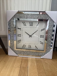 34cm Large Mirror Glass Diamante Crushed Jewel Wall Clock for Home Decor & Gift - Picture 1 of 1