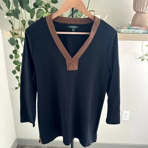 Vintage Lauren Ralph Lauren Black Cotton Top XL Equestrian Minimalist Black Barn - Picture 1 of 7