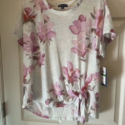 Camisa feminina nova com etiquetas Democracy gravata frontal PL rosa floral gravata lateral - Imagem 1 de 4