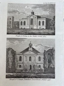 ENGRAVING 1816 LONDON CHAPELS St JAMES TOTTENHAM COURT RD St GILES in The FIELD - Picture 1 of 2