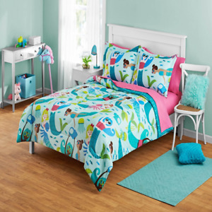 Kids Comforter Set Pink Blue Mermaid Bedding Bed-in-a-Bag Full Size 7-Piece