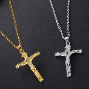 Necklace Gold Silver Colour Crucifix Cross Jesus Pendant Men Women - Bild 1 von 8