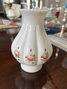 Vintage Milk Glass Hurricane Lamp Chimney Shade Ribbed White Pink Floral 7-1/2"T - Picture 1 of 8