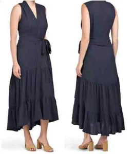 NICOLE MILLER Shirtdress Medium Black Linen Viscose Maxi Tiered Belted Lined - Picture 1 of 15