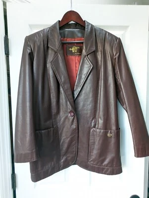 Chaqueta Abrigo Blazer Mujer Vintage Etienne Aigner Cuero Borgoña Marrón Talla 12 Foto 1 de 4