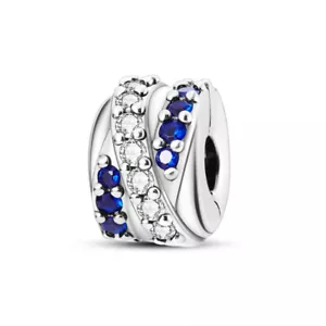 Sparkling Ribbon Twist Blue Crystal Spacer Charm Sterling Silver 925 - Picture 1 of 1