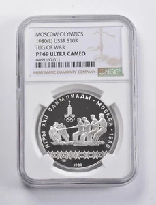 PF69 UCAM 1980 (L) USSR 10 Rubles Silver Moscow Olympics Tug Of War NGC *4867 - Picture 1 of 3