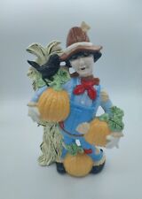 Handmade Ceramic Scarecrow figure with Pumpkins & Blackbird 12.5"Vtg Fall decor 