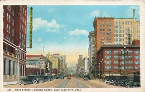 Postcard Main Street Scene Vintage Autos Trolley Hotels Salt Lake City Utah UT - Picture 1 of 2
