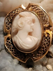 Vintage 10K Yellow Gold Filigree Carved Cameo ?Shell? ?Resin? - Picture 1 of 15