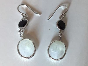 Black Spinel & Rainbow Moonstone Sterling Silver Earrings 8.93 Carats - Picture 1 of 8