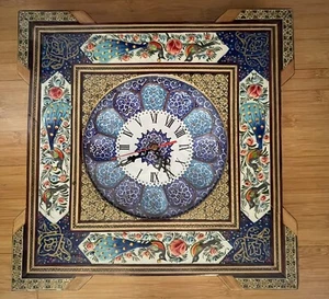Khatamkari Unique Persian Marquetry Metal Inlaying Art Peakcock Wall Clock 14x14 - Picture 1 of 12